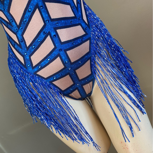 Royal Blue Tassel Glisten Rhinestones Unique Tan Bodysuit: One Size - Picture 3 of 9